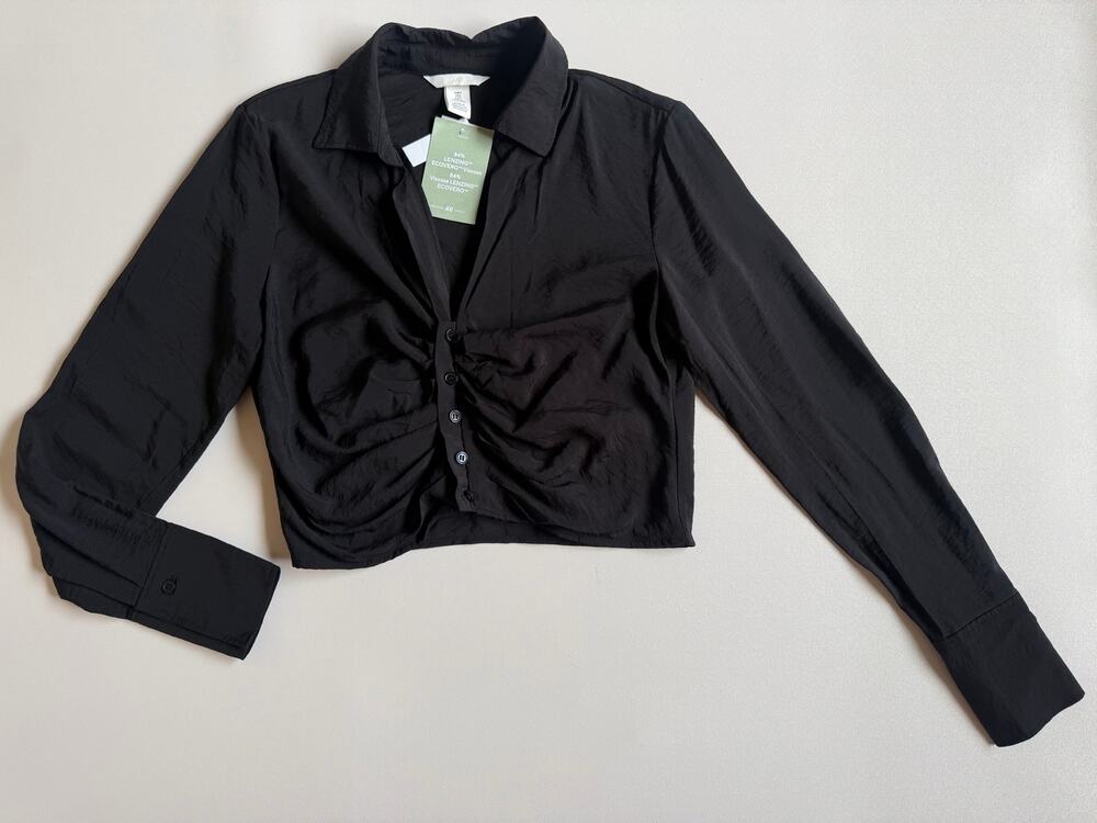 New H&M Women's Black Long Sleeve Draped Waist Ruched Top Size S